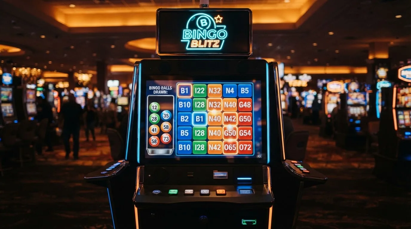 Ekran automatu do gry z kolorową planszą w stylu bingo i podświetlonymi liczbami
