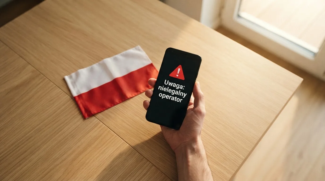 Dłoń trzymająca telefon z widocznym komunikatem ostrzegawczym o legalności hazardu online na tle biało-czerwonej flagi Polski.