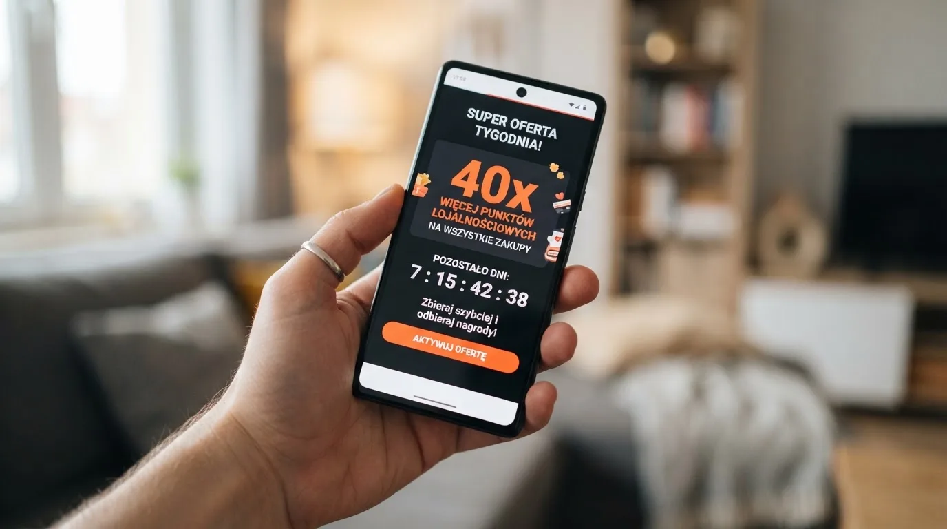 Zbliżenie na telefon z listą warunków promocji i licznikiem odliczającym dni do końca oferty