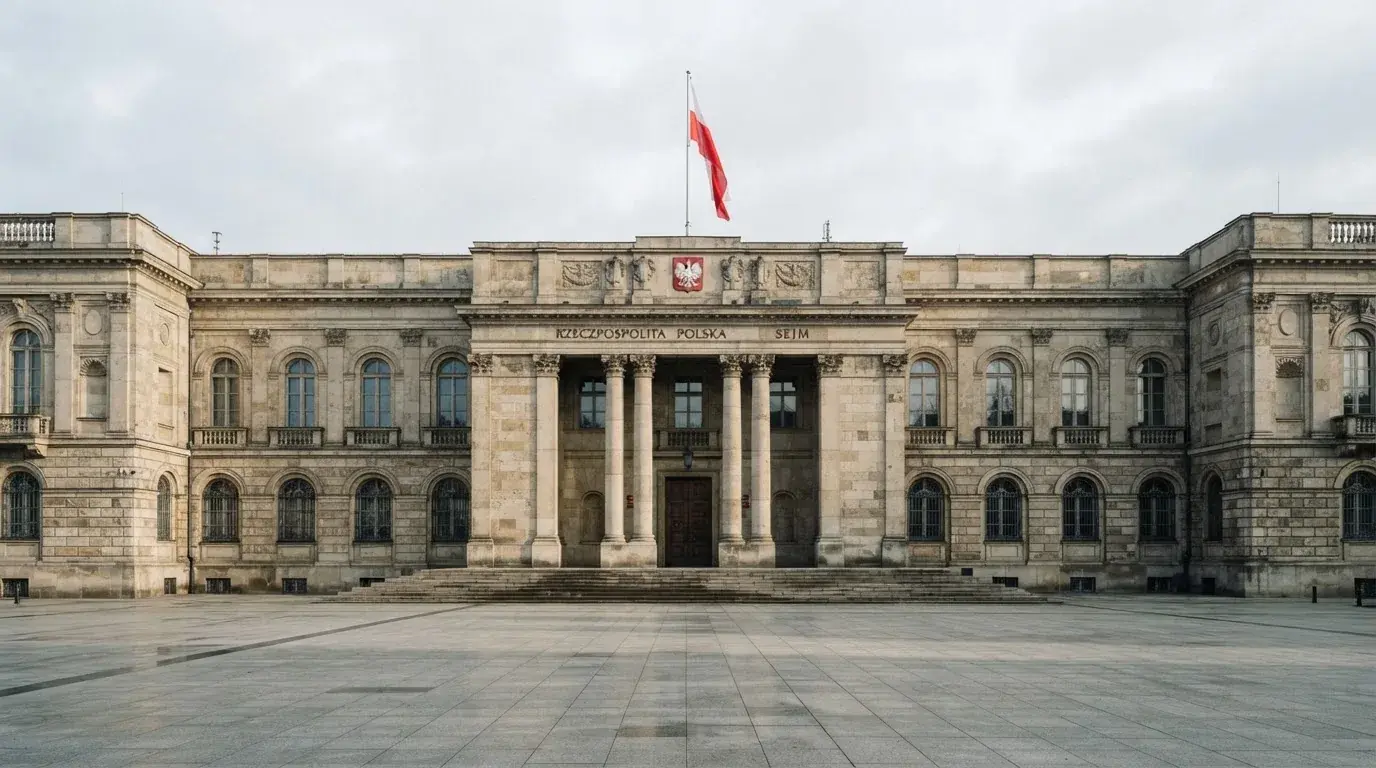 Fasada budynku instytucji państwowej z flagą Polski, symbol nadzoru regulatora nad rynkiem gier hazardowych