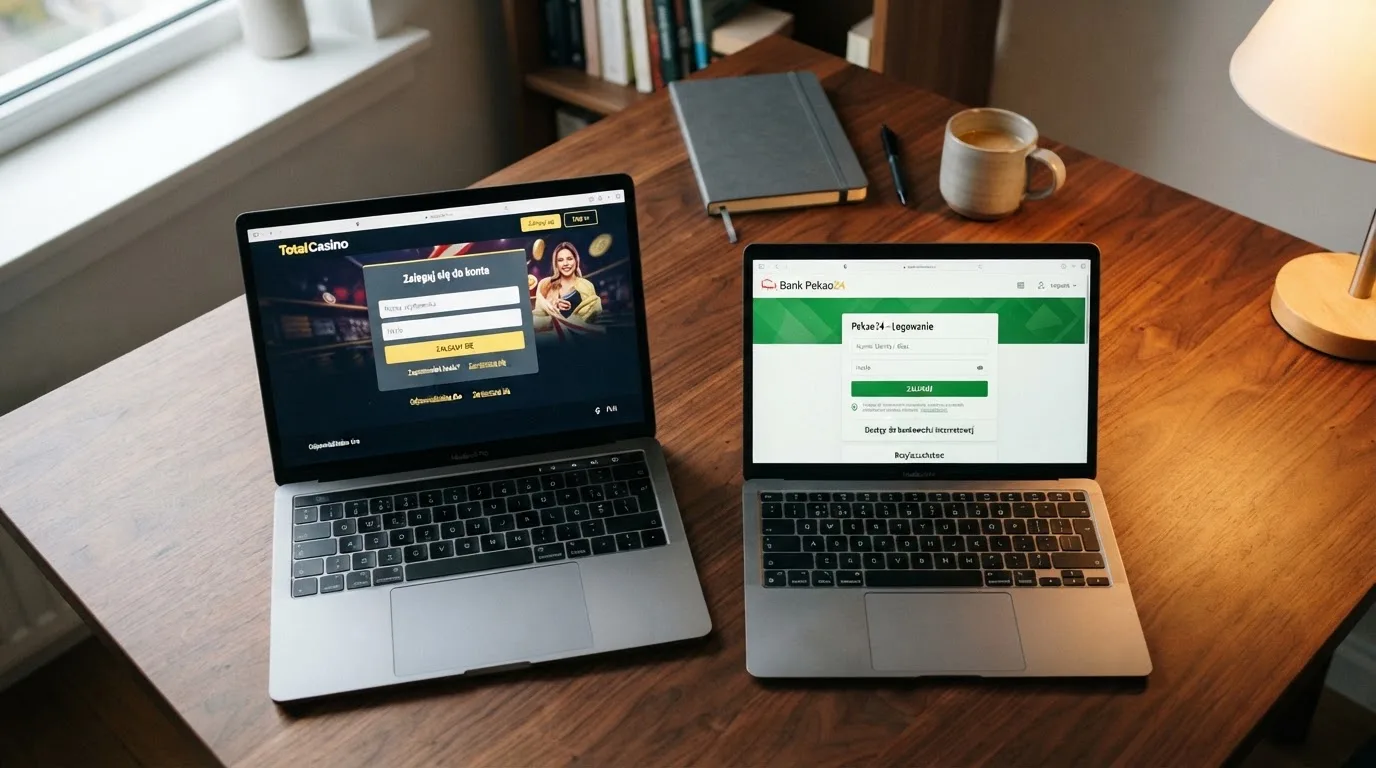 Dwa ekrany logowania kasyna online obok siebie na biurku, jeden z polskim interfejsem złotówkowym, symbolizujące porównanie dwóch różnych serwisów