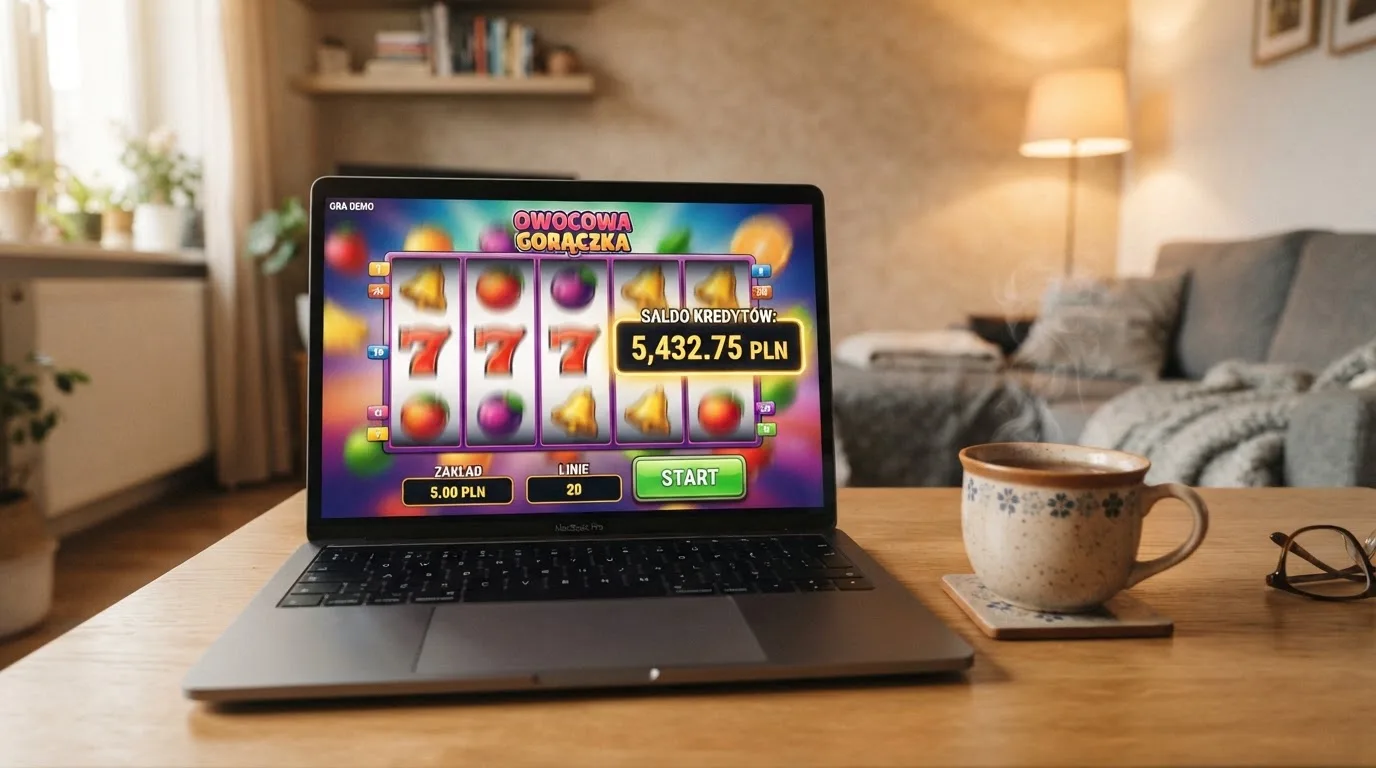 Ekran laptopa z automatem w trybie demo i saldem wirtualnych kredytów, obok kubek herbaty na stole w salonie