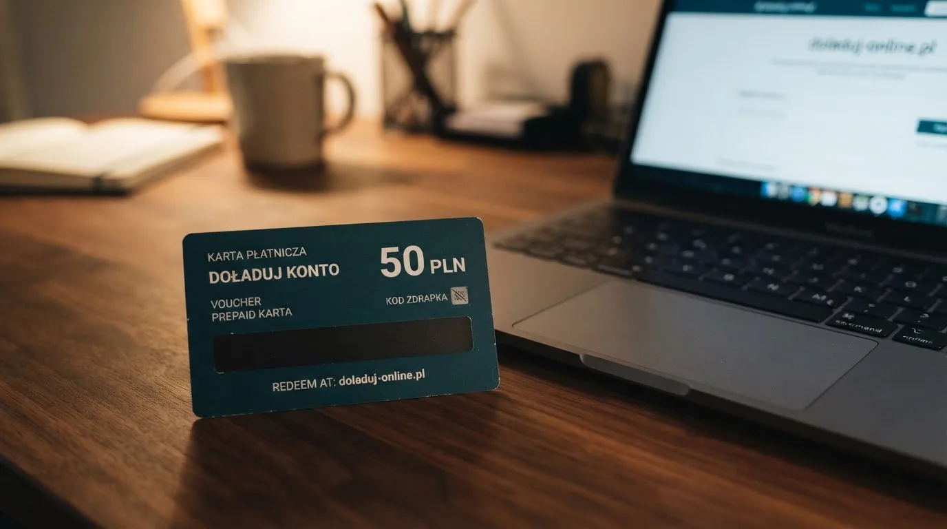 Karta przedpłacona Paysafecard z zasłoniętym polem kodu PIN obok klawiatury laptopa