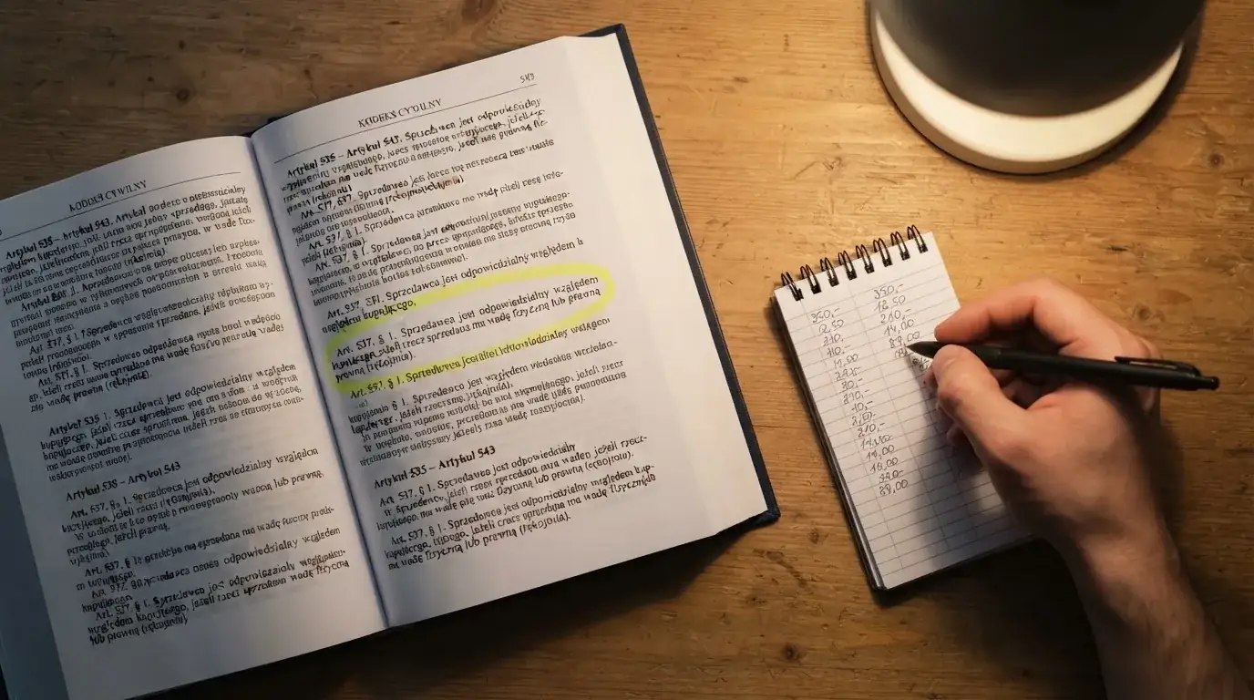 Wydruk kodeksu karnego skarbowego z zakreślonym artykułem obok kalkulatora i długopisu na biurku