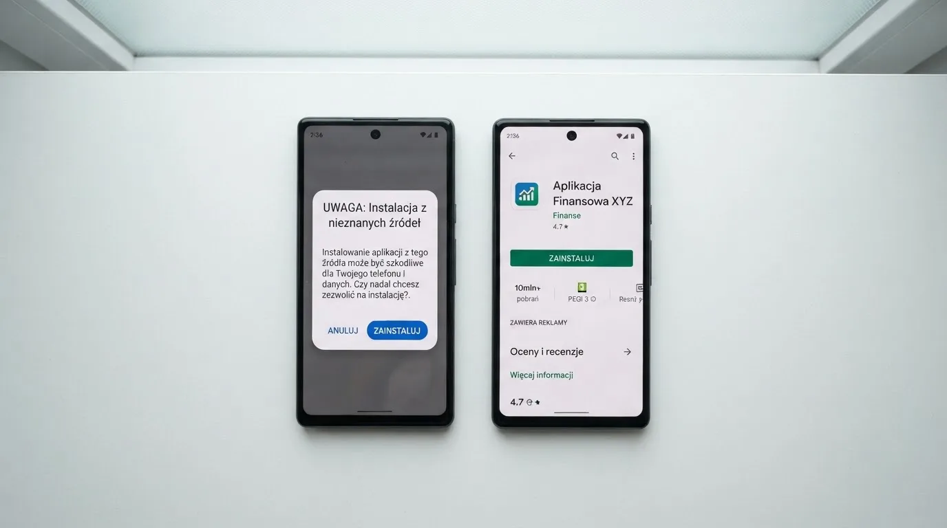 Dwa telefony obok siebie: na jednym komunikat zgody na instalację pliku APK z nieznanego źródła, na drugim strona aplikacji w sklepie z przyciskiem pobierania