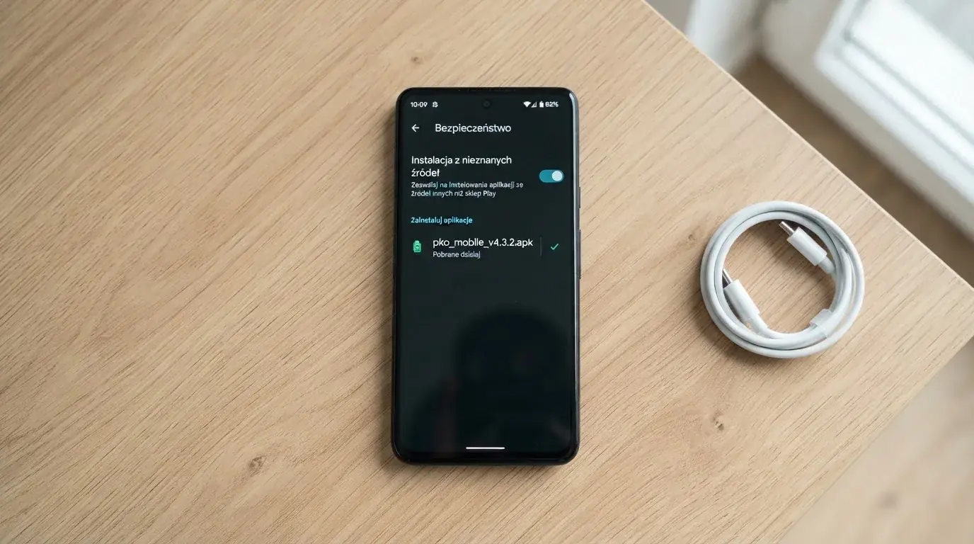 Ekran ustawień Androida z przełącznikiem zgody na instalację aplikacji z nieznanego źródła i pobranym plikiem instalacyjnym na liście