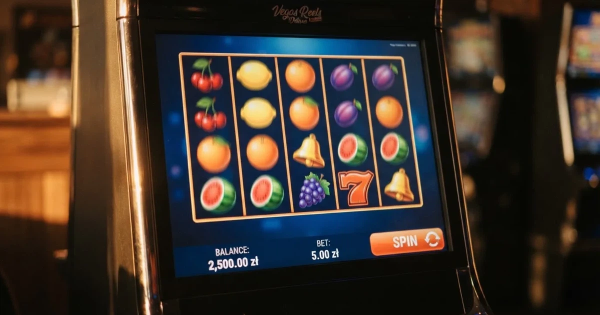 Ekran otwierający automat online z kolorowymi symbolami owoców na wirtualnych bębnach, bez logo żadnego konkretnego kasyna