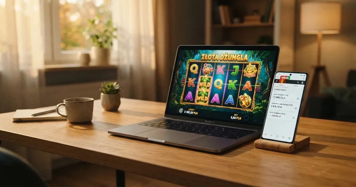 Smartfon z ekranem wyboru banku i zatwierdzania przelewu obok laptopa z otwartą stroną gry, bez logotypów