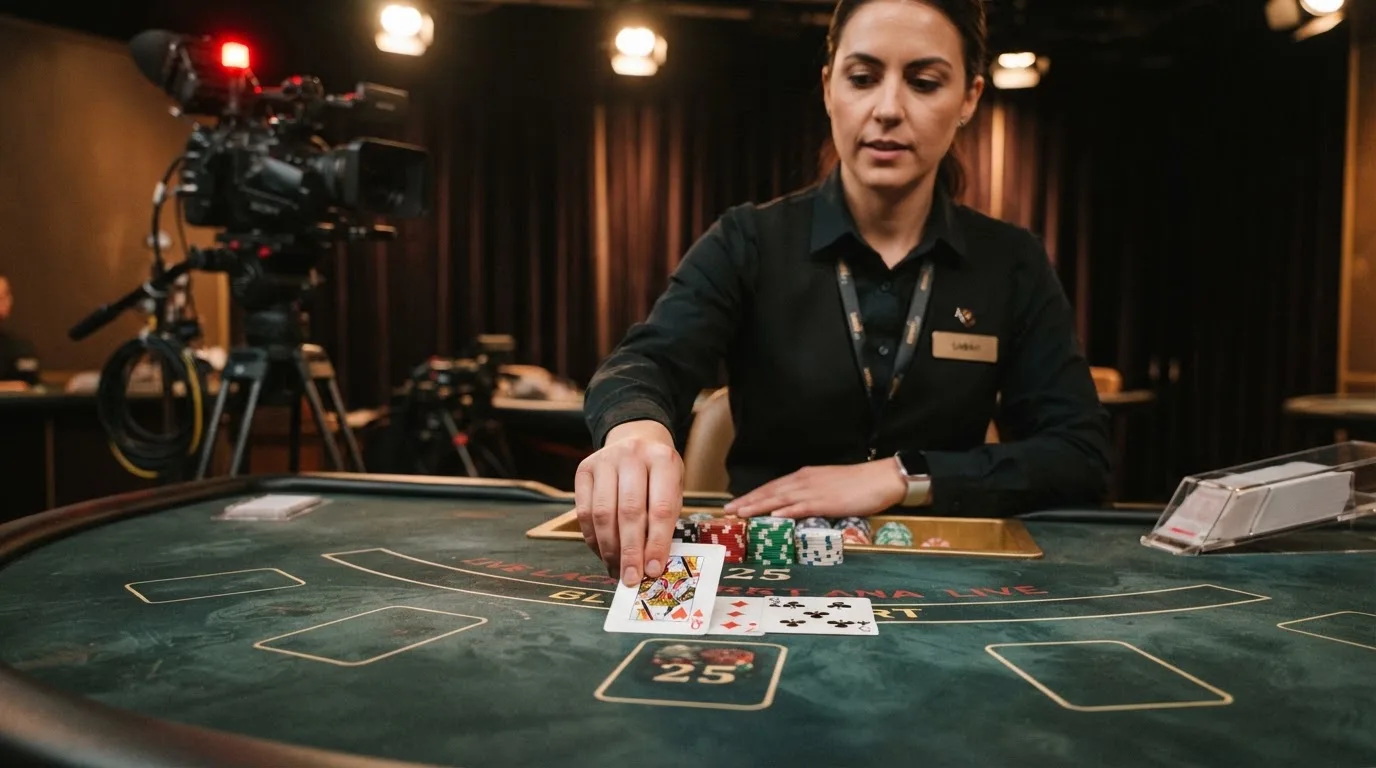 Krupier rozdający karty przy stole blackjacka podczas transmisji na żywo