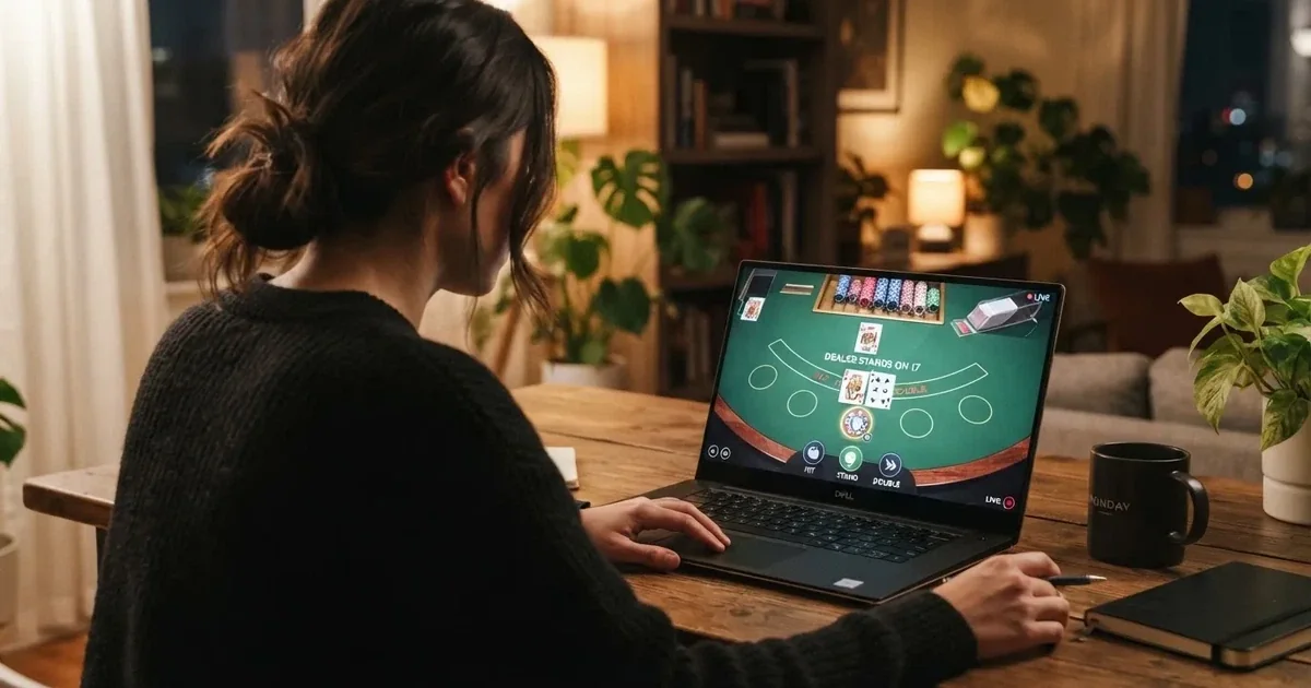 Gracz przy laptopie czyta krótkie wyjaśnienie, czym jest kasyno na żywo
