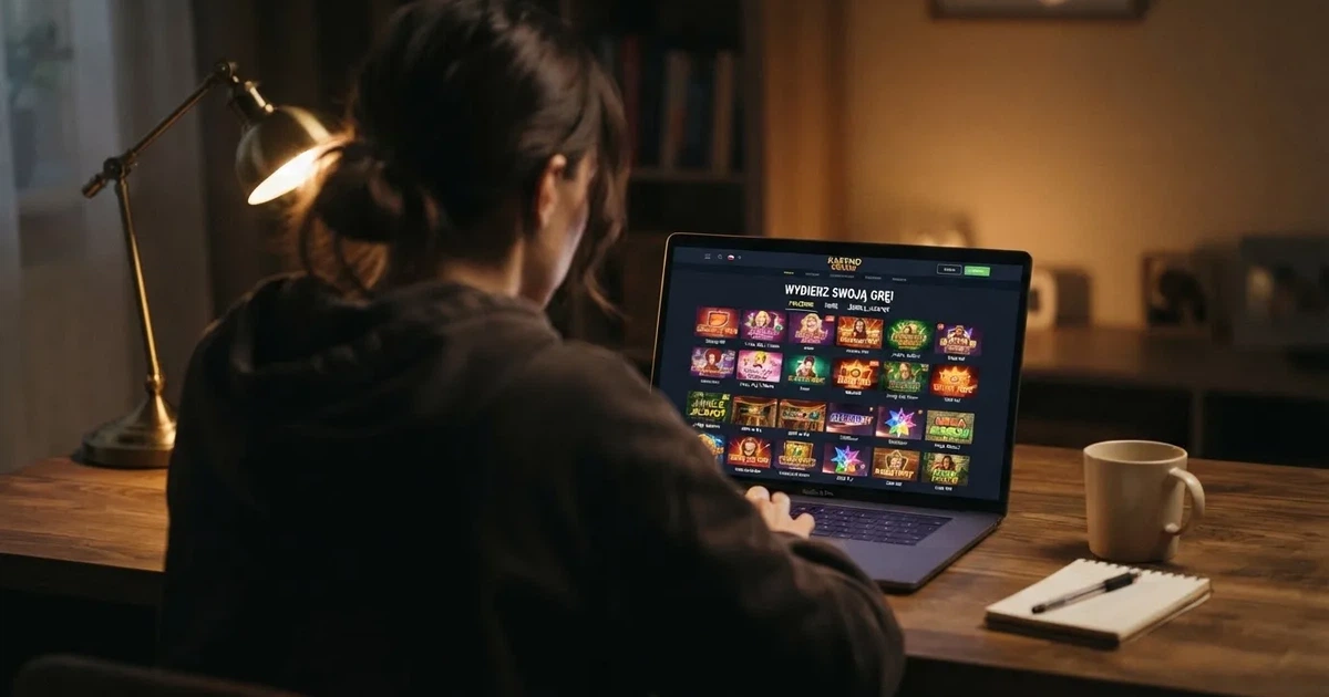 widok lobby wirtualnego kasyna na ekranie laptopa z rzędami ikon gier automatów