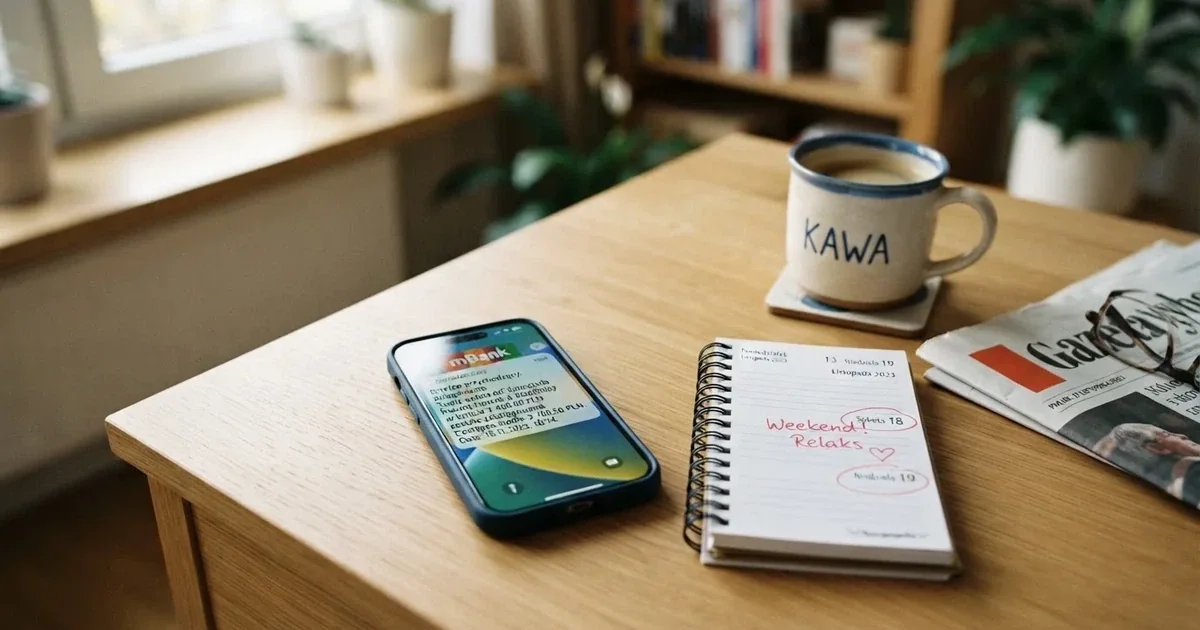 Smartfon z powiadomieniem o zaksięgowanym przelewie przychodzącym, obok papierowy kalendarz z zakreśloną sobotą i niedzielą