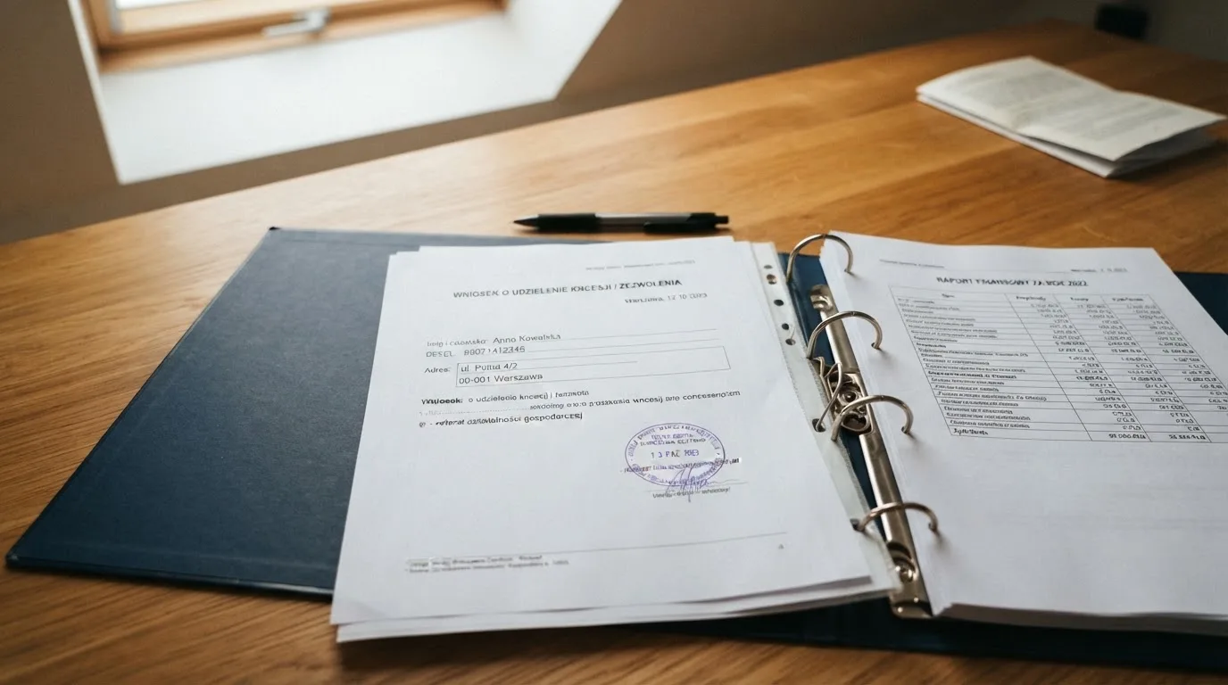 Segregator z wnioskiem o koncesję na kasyno gry, wydrukiem sprawozdania finansowego i urzędową pieczątką leżący na biurku