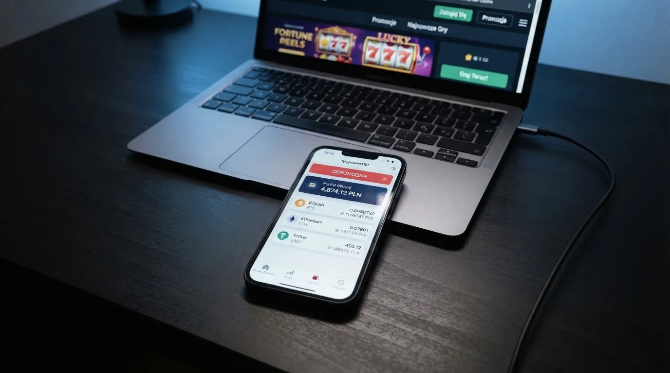 Smartfon z otwartym portfelem kryptowalut i komunikatem o odrzuconej płatności leżący obok laptopa