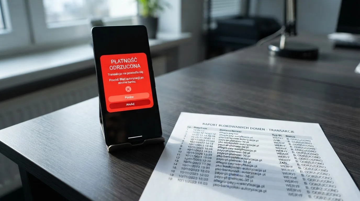 Telefon z komunikatem o odrzuconej płatności na ekranie, obok wydruk tabeli z listą zablokowanych adresów stron