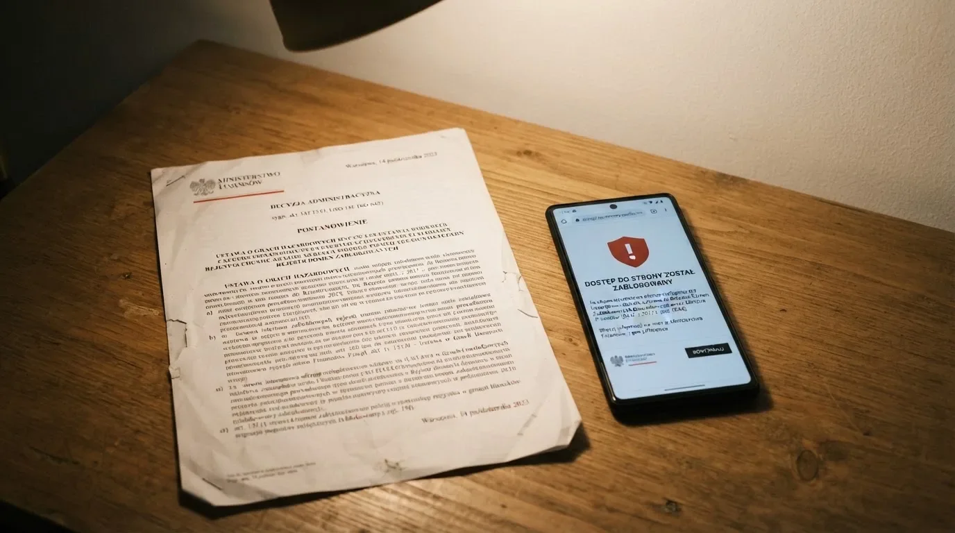 Biurko z wydrukiem ustawy o grach hazardowych i telefonem wyświetlającym komunikat o zablokowanej stronie kasyna