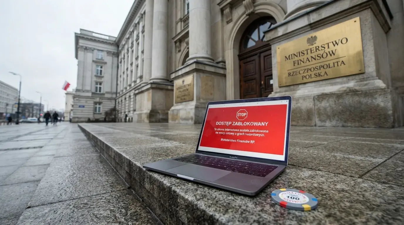 Budynek urzędu z tablicą ministerstwa, na pierwszym planie laptop z komunikatem o zablokowanej stronie kasyna