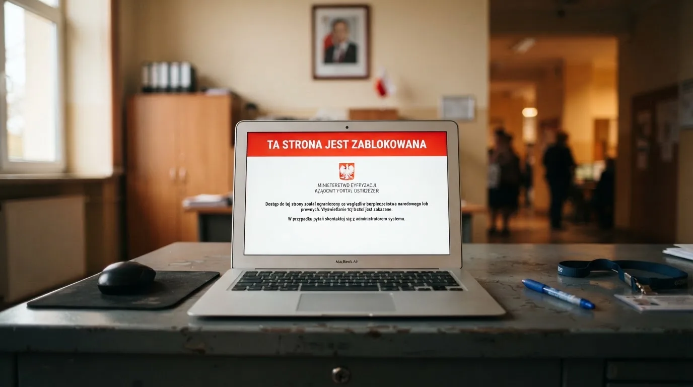 Laptop z komunikatem o zablokowanej stronie hazardowej, w tle budynek urzędu z tablicą ministerstwa