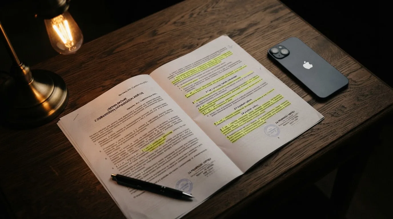 Wydruk ustawy o grach hazardowych z zakreślonymi artykułami leżący na biurku obok wyłączonego smartfona