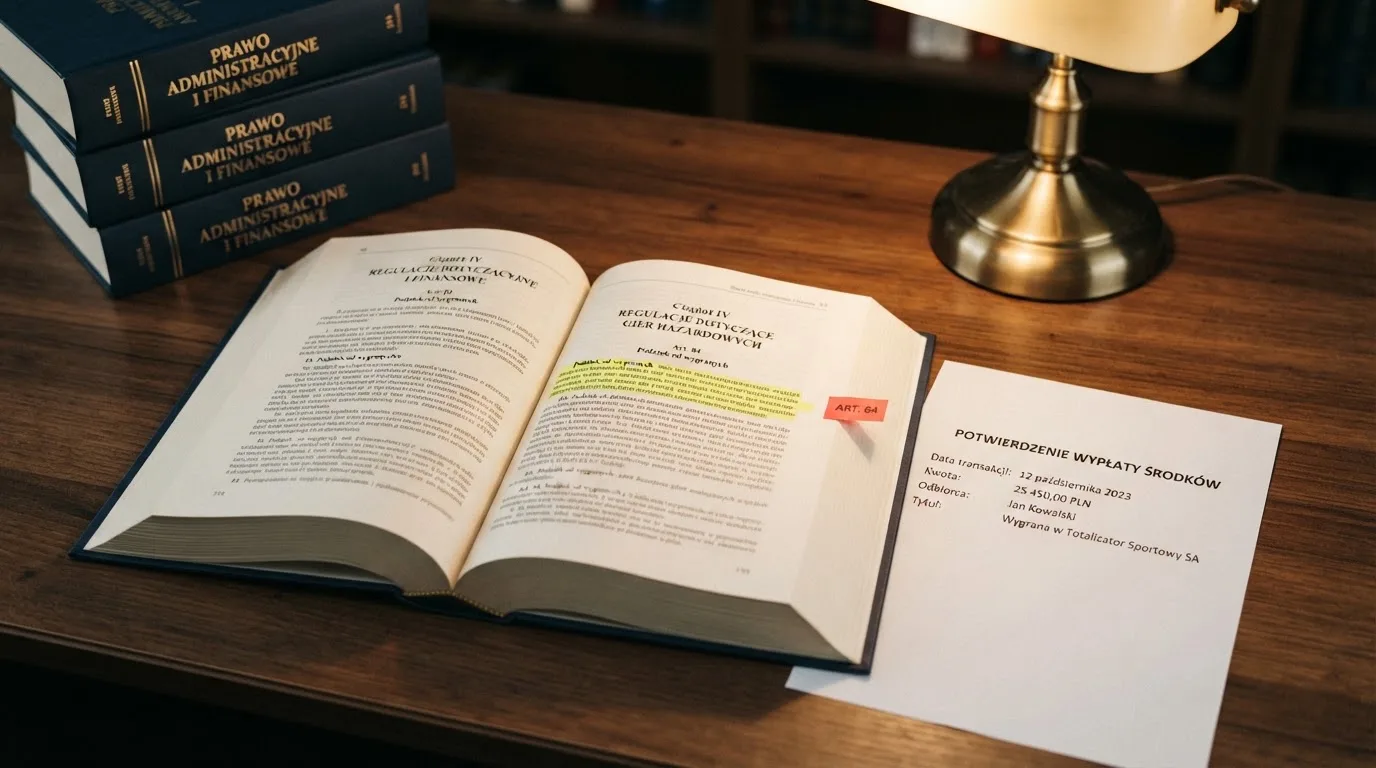 Otwarty tekst ustawy o grach hazardowych z zakreślonym artykułem, obok wydruku potwierdzenia przelewu wygranej
