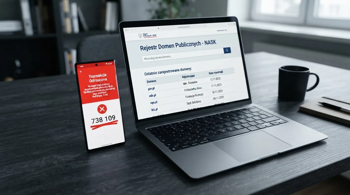 Ekran telefonu z odrzuconą płatnością BLIK obok otwartej w przeglądarce wyszukiwarki rejestru domen Ministerstwa Finansów