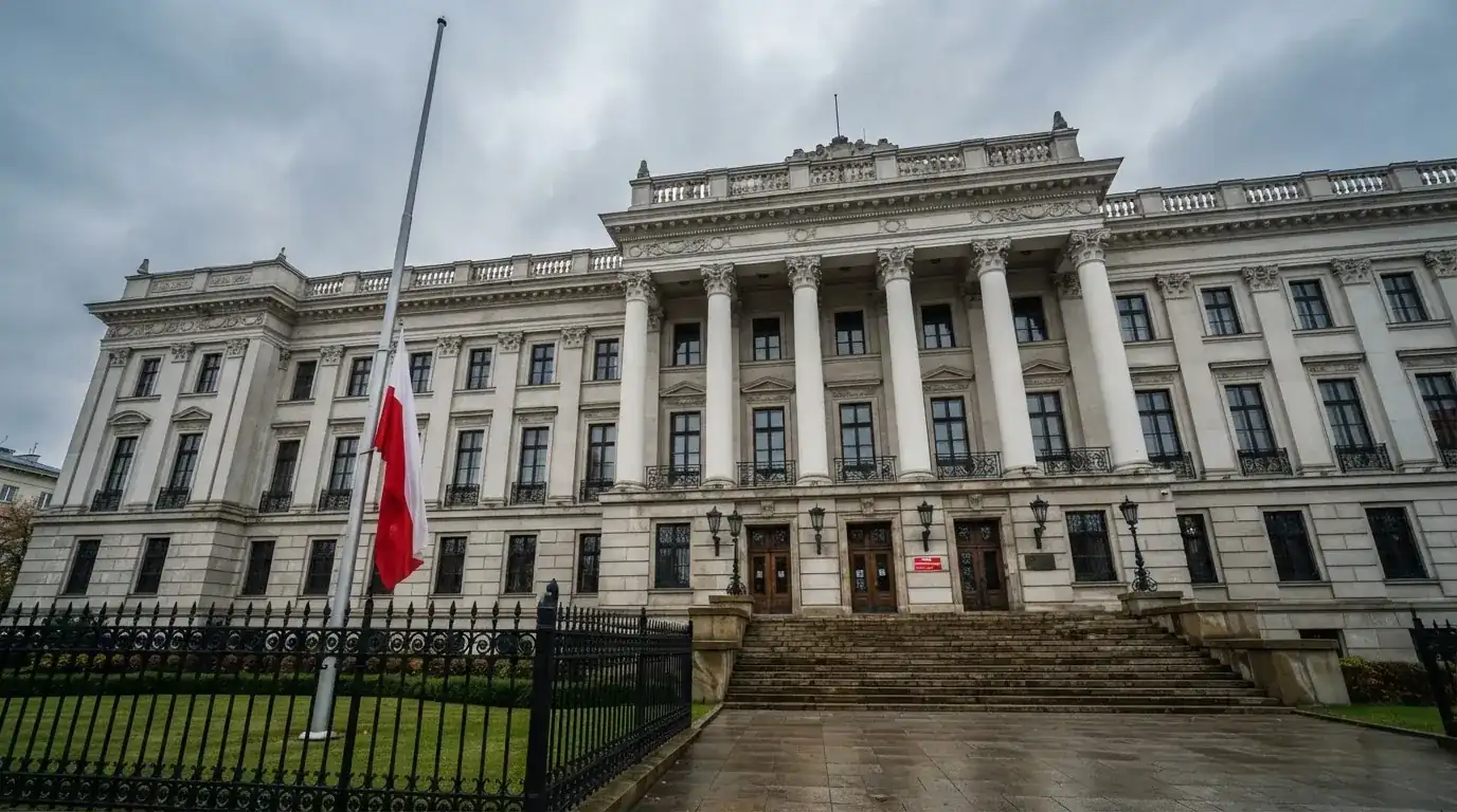 Budynek urzędu administracji państwowej z flagą Polski na maszcie w tle