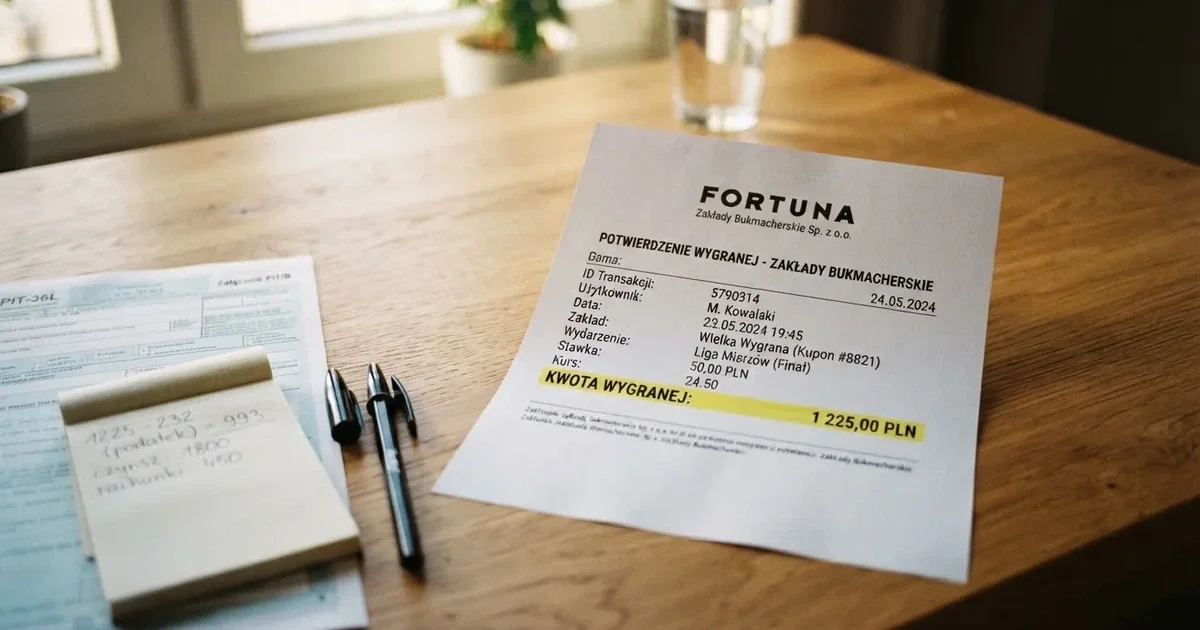 Wydruk potwierdzenia wygranej leżący na biurku obok formularza podatkowego, kalkulatora i długopisu
