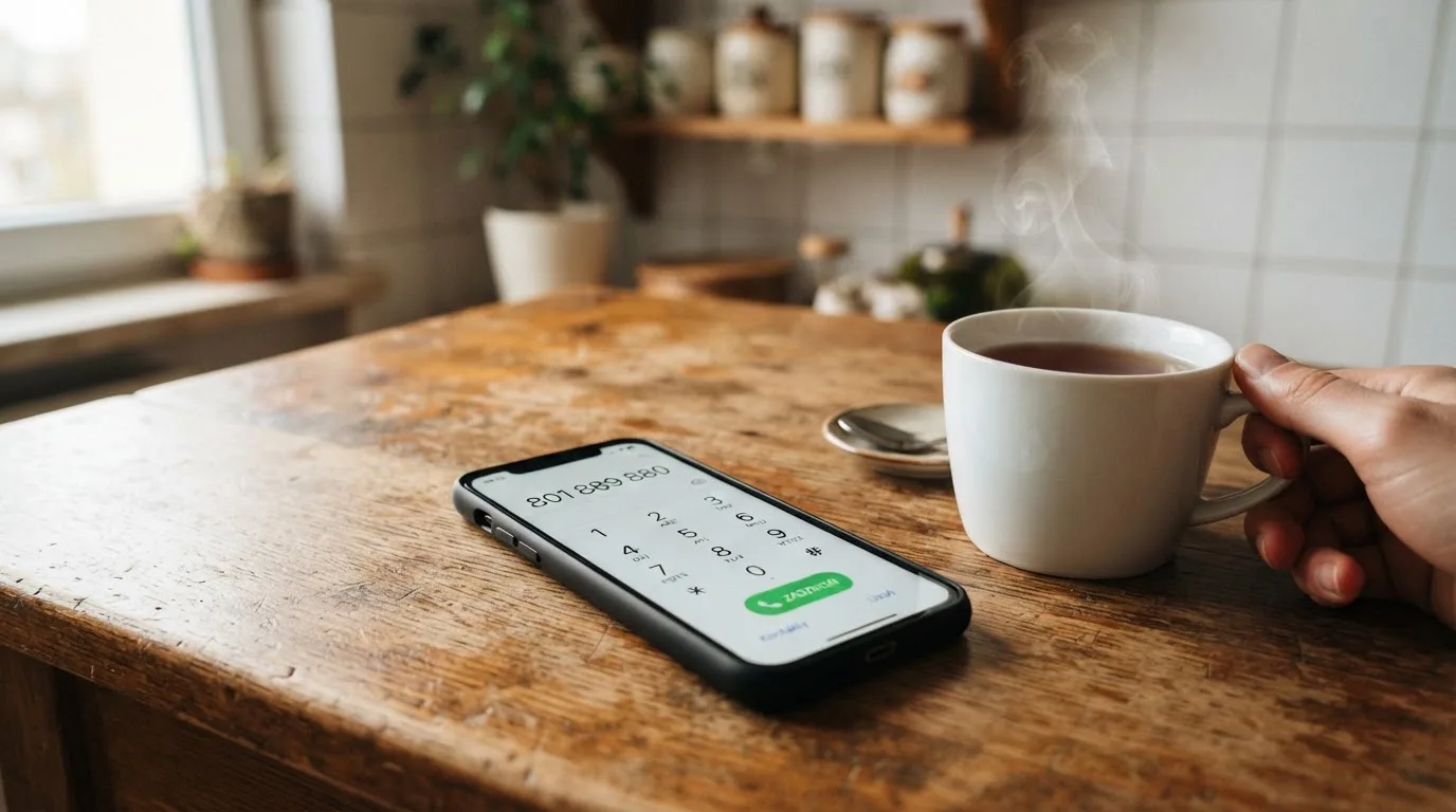 Telefon komórkowy z wybranym numerem infolinii pomocowej leżący na kuchennym stole obok kubka herbaty