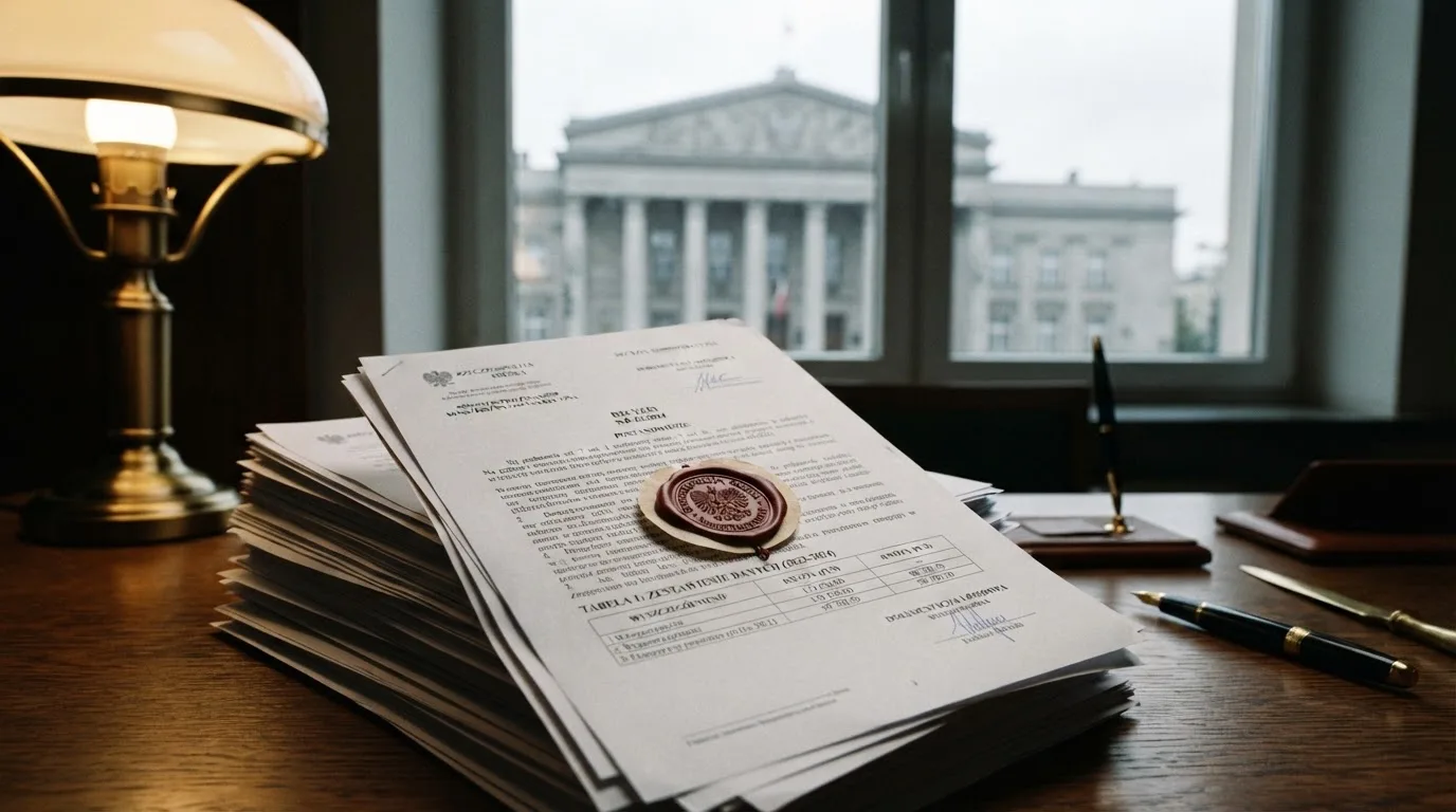 Stos dokumentów urzędowych i pieczęć na biurku, w tle sylwetka budynku administracji publicznej