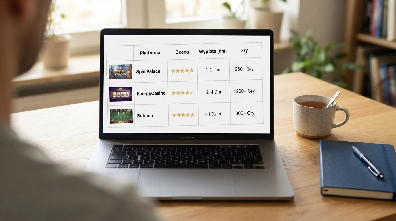 Ekran laptopa z tabelą porównawczą kilku serwisów kasynowych, bez widocznych logotypów marek