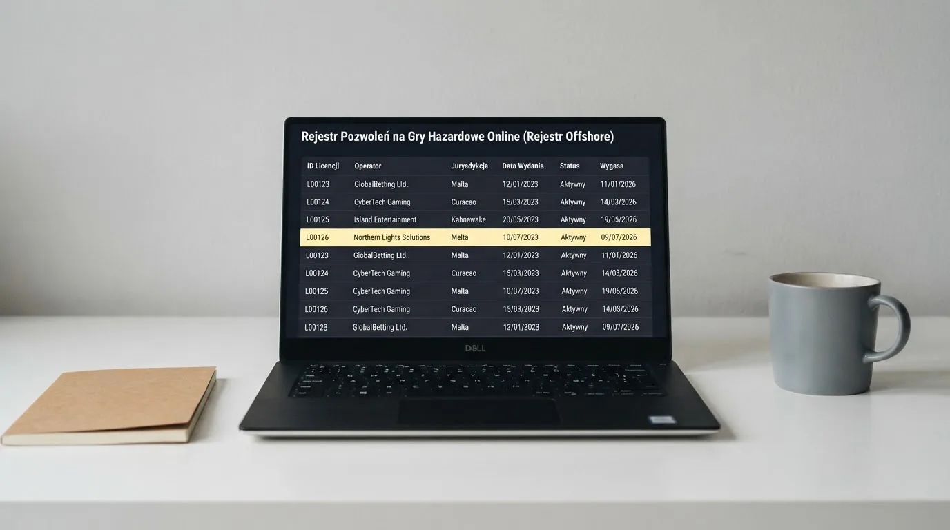 Ekran laptopa z otwartym rejestrem licencji regulatora z Curaçao, w którym jeden wiersz zaznaczono żółtym podświetleniem