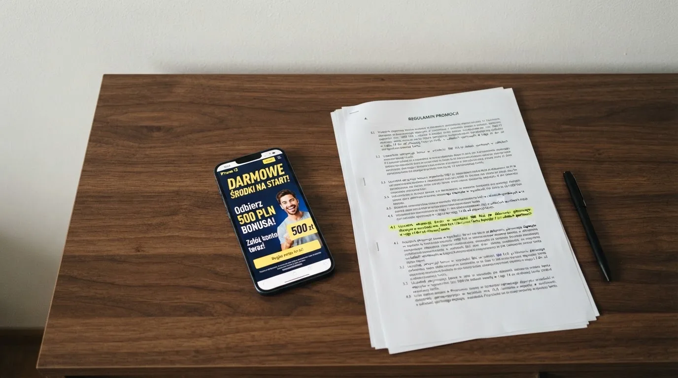 Telefon z banerem obiecującym darmowe złotówki za założenie konta, obok wydrukowany tekst ustawy o grach hazardowych z zaznaczonym artykułem