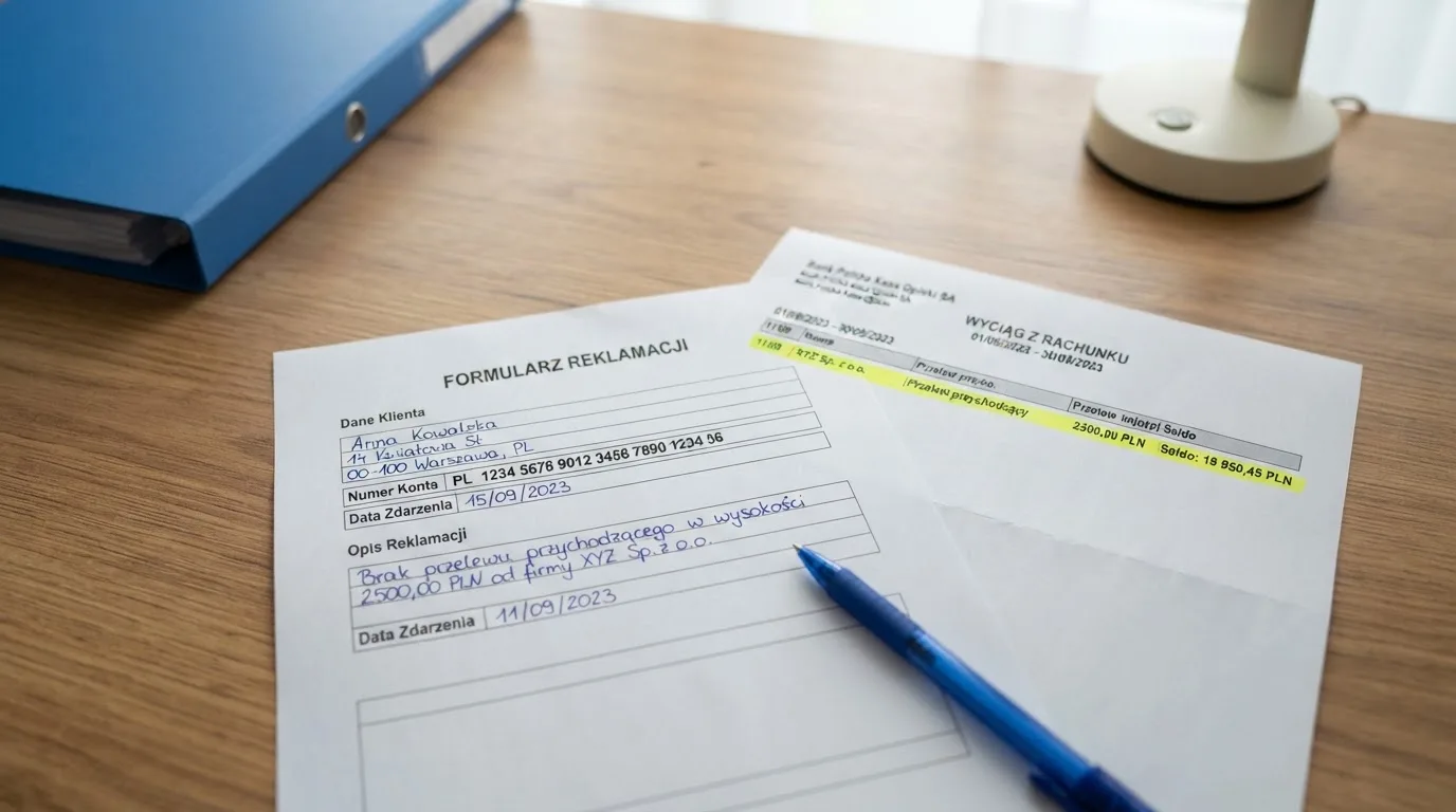 Wydrukowany formularz reklamacji leżący na biurku obok długopisu i wyciągu bankowego z zakreśloną pozycją
