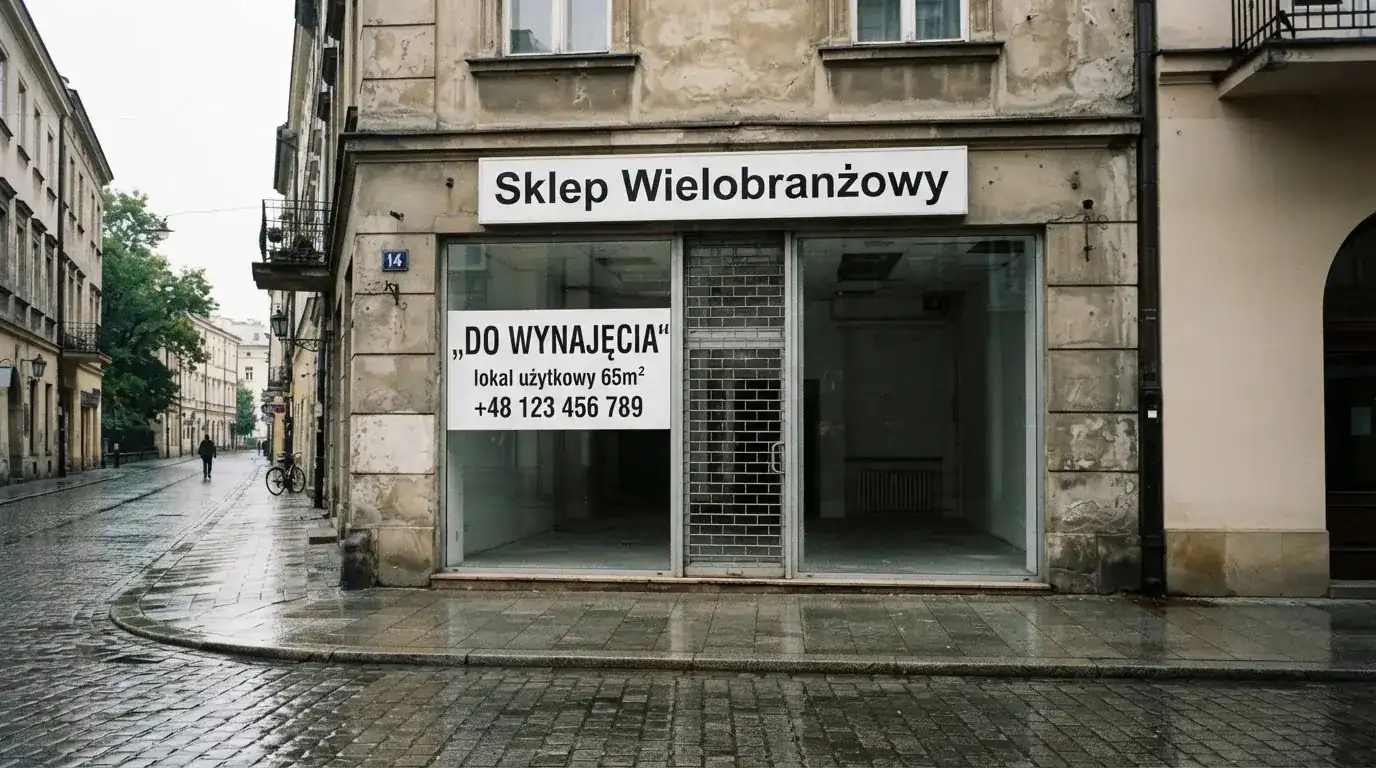 Pusty, zamknięty lokal handlowy z tabliczką „do wynajęcia”, symbolizujący brak działających salonów gry bingo pieniężne