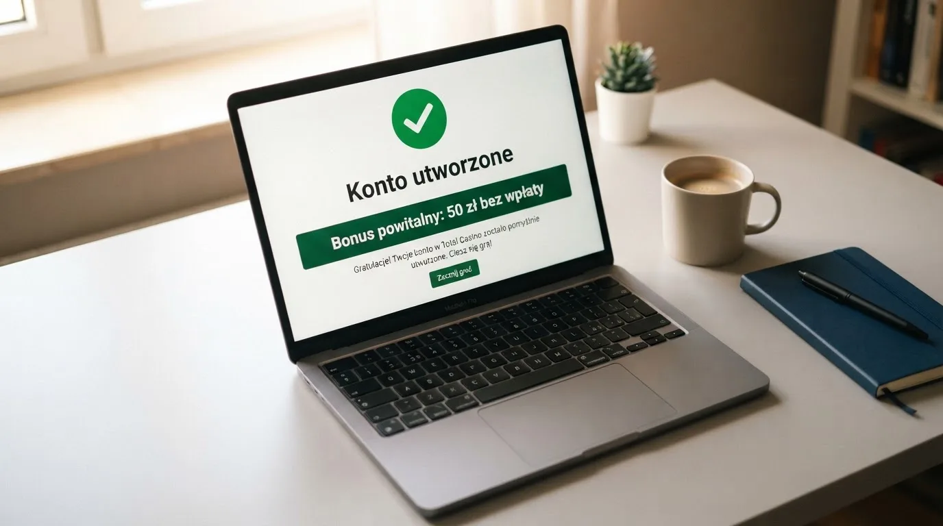 Ekran potwierdzenia założenia konta gracza w kasynie internetowym z komunikatem o bonusie startowym bez wpłaty