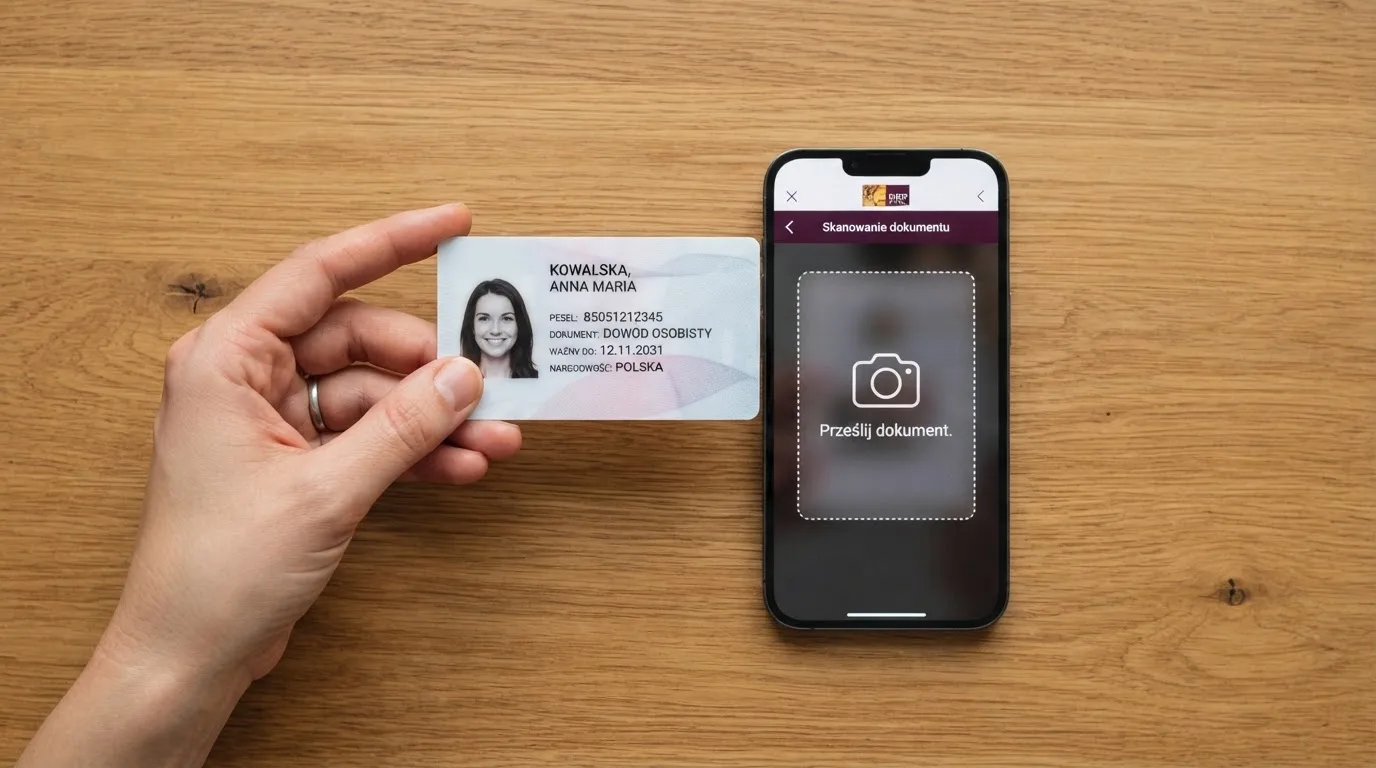 Dłoń trzymająca dowód osobisty nad smartfonem z otwartym formularzem przesyłania zdjęcia dokumentu