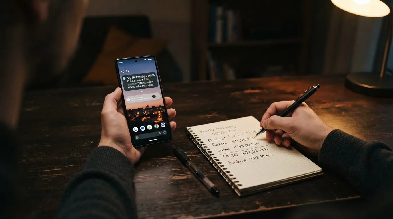 Ekran telefonu z wiadomością SMS obok kalkulatora liczącego opłaty