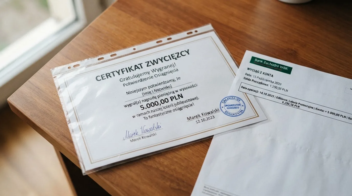 Imienne zaświadczenie o wygranej z podpisem w przezroczystej koszulce obok wydruku wyciągu bankowego
